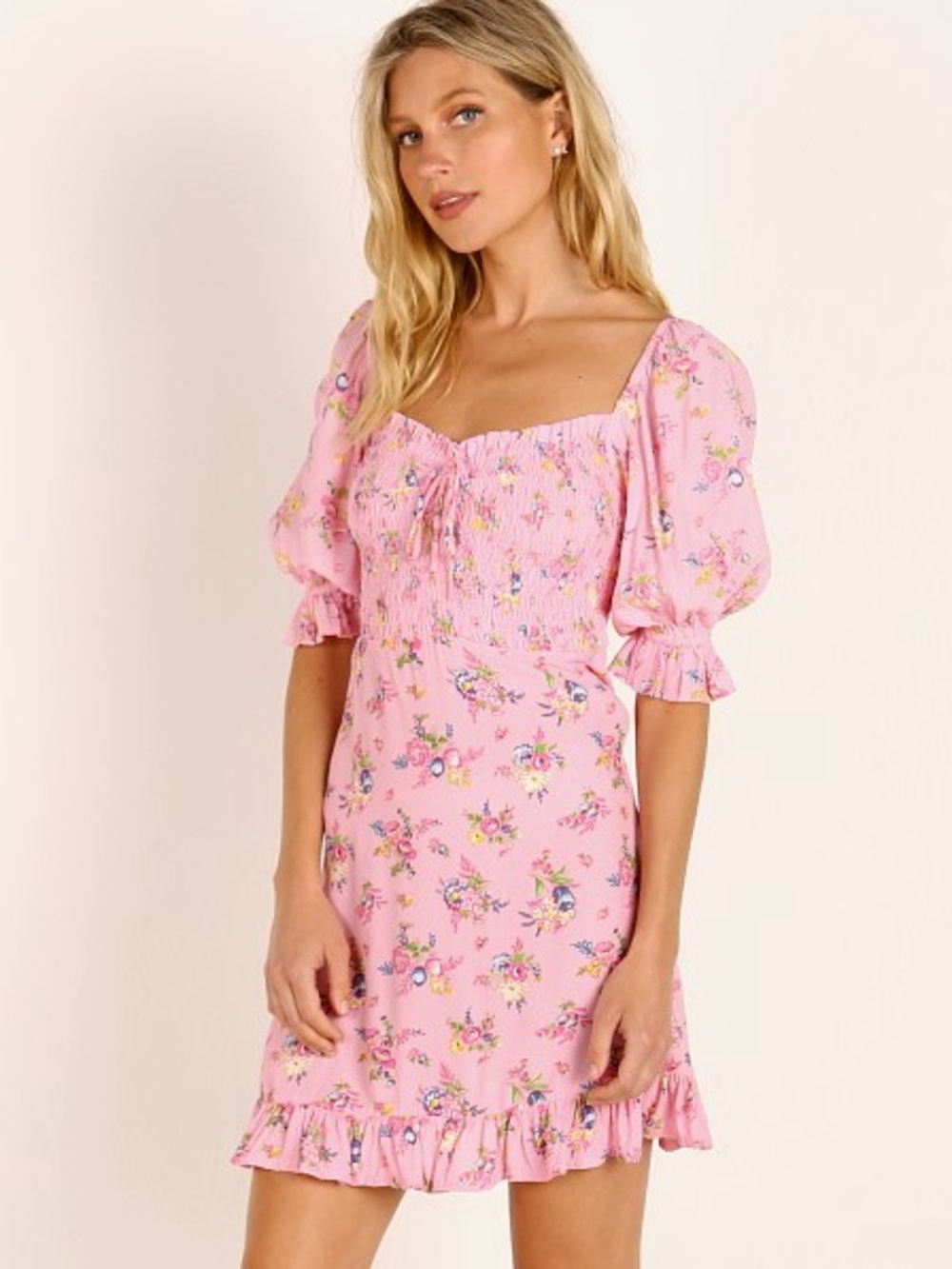 Faithfull the Brand Pink Floral Juliette Square-Neck Mini Dress ✨